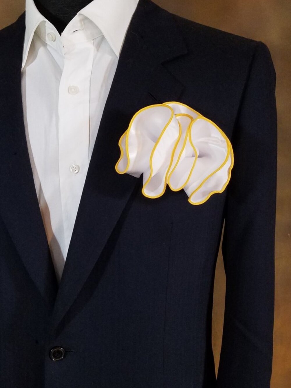 White Satin 2-in-1 Pouf Round Pocket Square with Yellow Trim